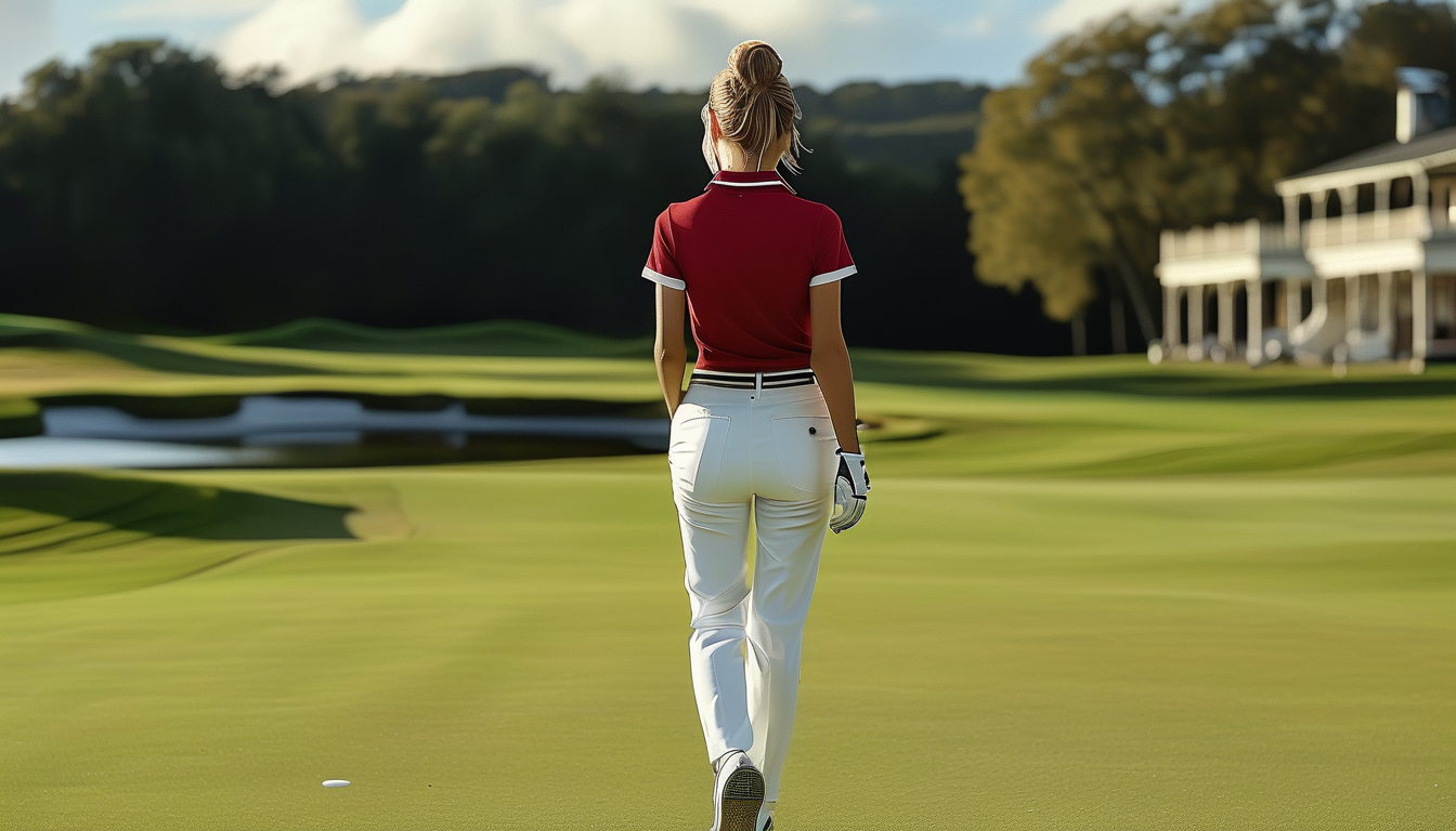 Woman in golf athleisure walking to the clubhouse